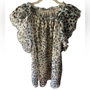 LOFT Women's Ruffle Sleeve Animal Print Blouse - Black and Teal